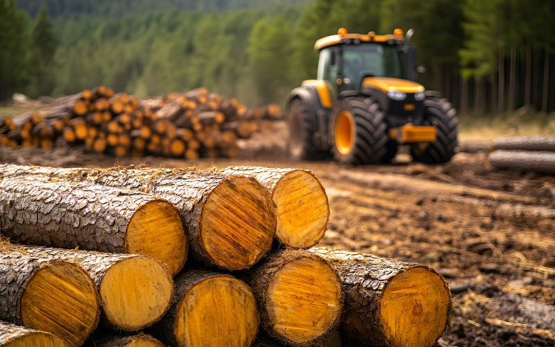 Image of a yellow tractor at a logging operation in a forest with a pile of stacked logs.