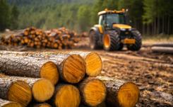 Image of a yellow tractor at a logging operation in a forest with a pile of stacked logs thumbnail