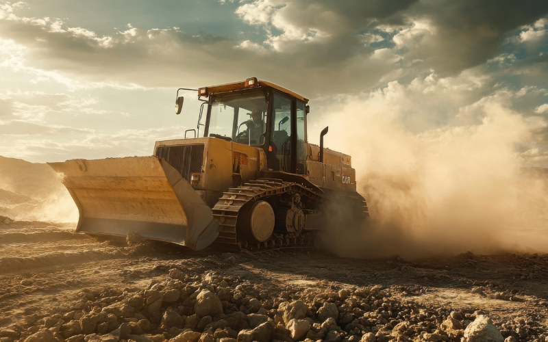 Bulldozer working in dusty, remote landscape with mountains in the background.