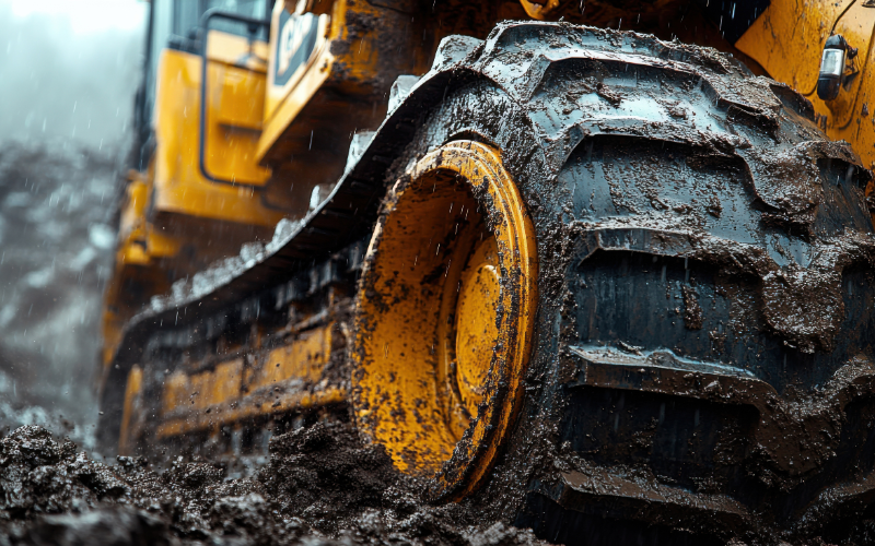 Close-up image of construction machinery tires in wet, muddy conditions.